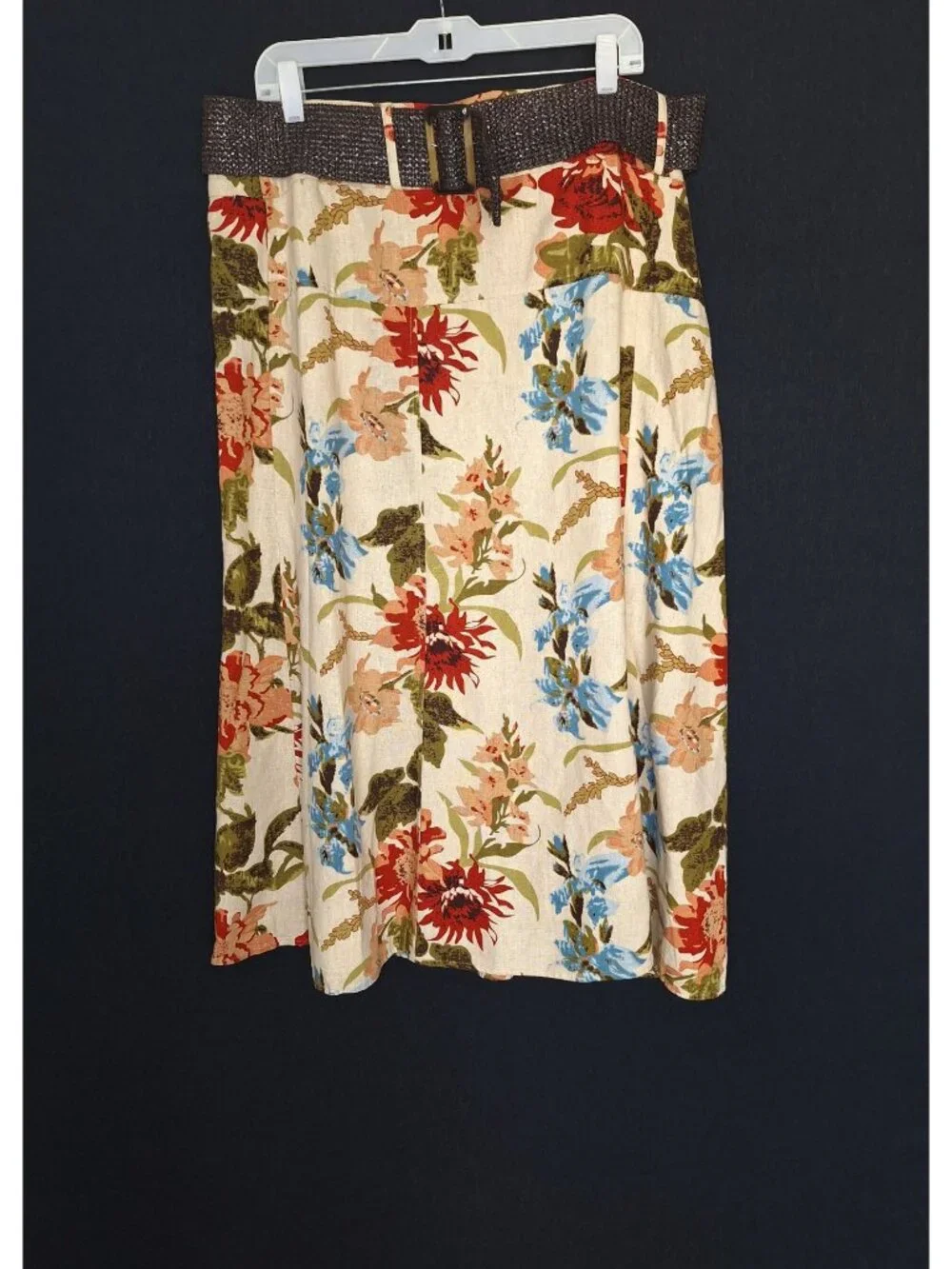 NWT Athena Marie Floral Linen Blend Midi Skirt Size XL Belted Cottagecore Boho